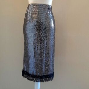New Year's Zara Silver Sequin And Black Lace Rimmed Skirt Size Large